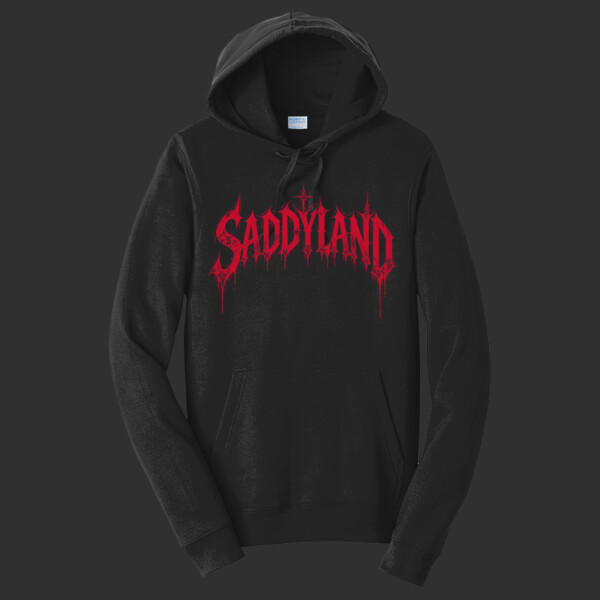 Complete Saddyland lettering on the front of a black hoodie